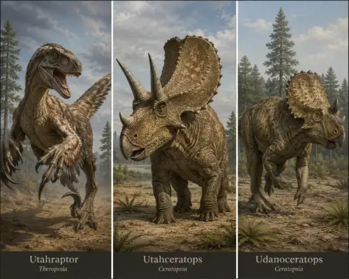 Illustration collage of Utahraptor, Utahceratops, and Udanoceratops dinosaurs