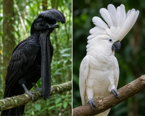 Collage of bird species starting with U, Umbrellabird and Umbrella cockatoo