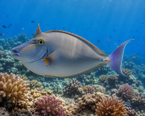 Unicornfish with horn-shaped bump swimming near coral reef