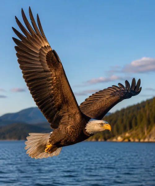 Bald eagle flying over water with wings spread