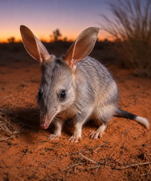 Bilby with long ears standing in desert sand