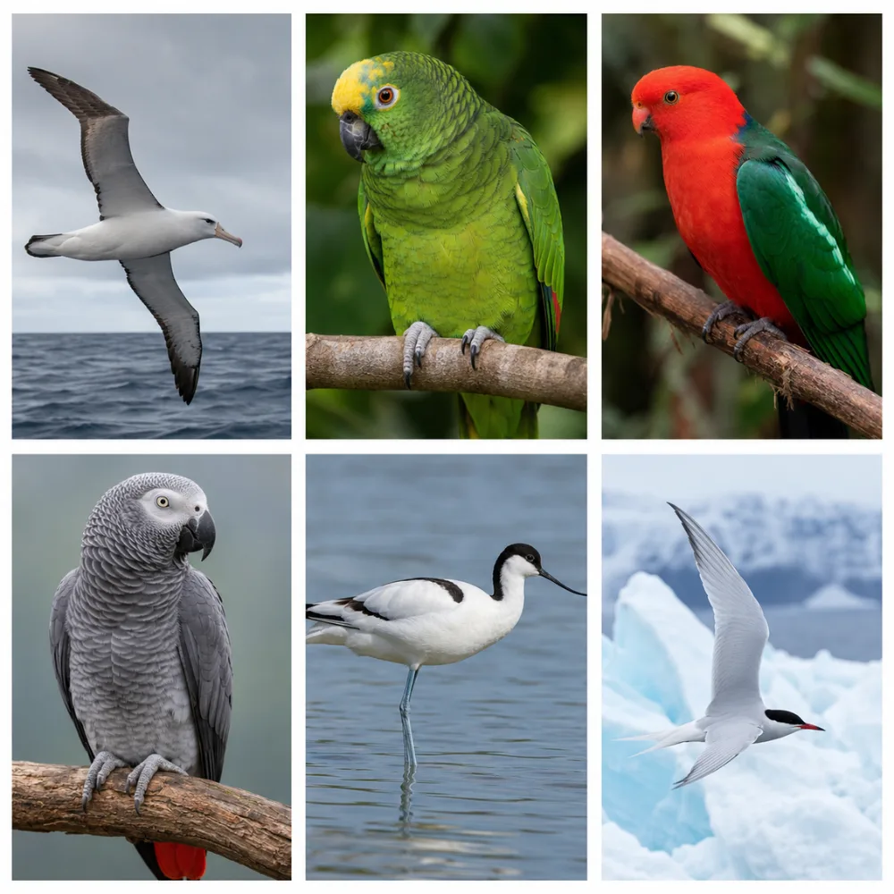 Birds that start with A - albatross, parrot, avocet collage