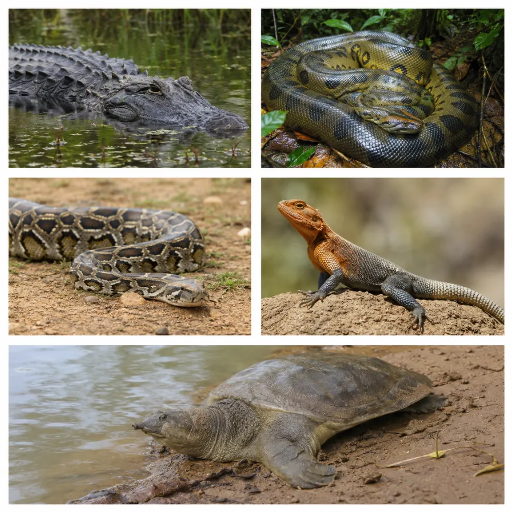 Reptiles and amphibians that start with A - alligator, anaconda collage