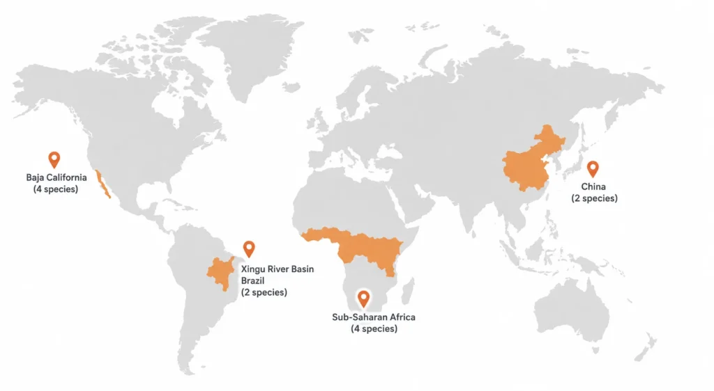 Map showing where animals starting with X letter live across Mexico, Brazil, Africa and China