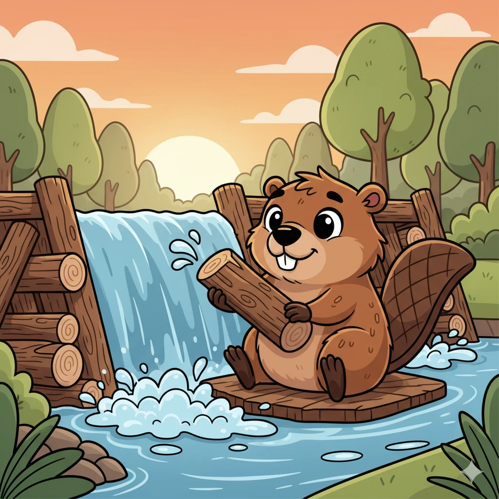 Cute cartoon beaver sitting near a wooden dam