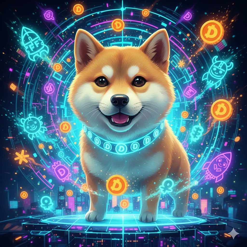 Elon Musk’s Shiba Inu dog Floki surrounded by crypto coins