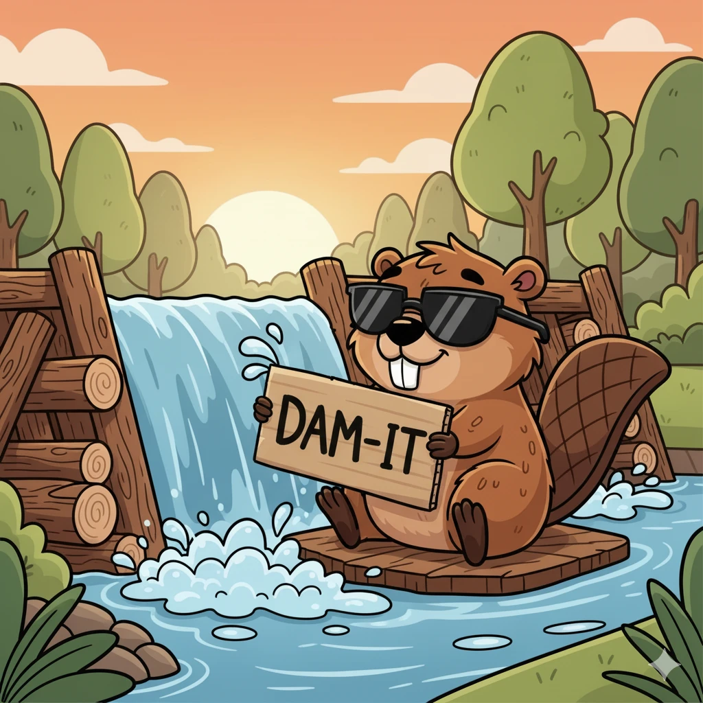 Funny cartoon beaver with big teeth and sunglasses,