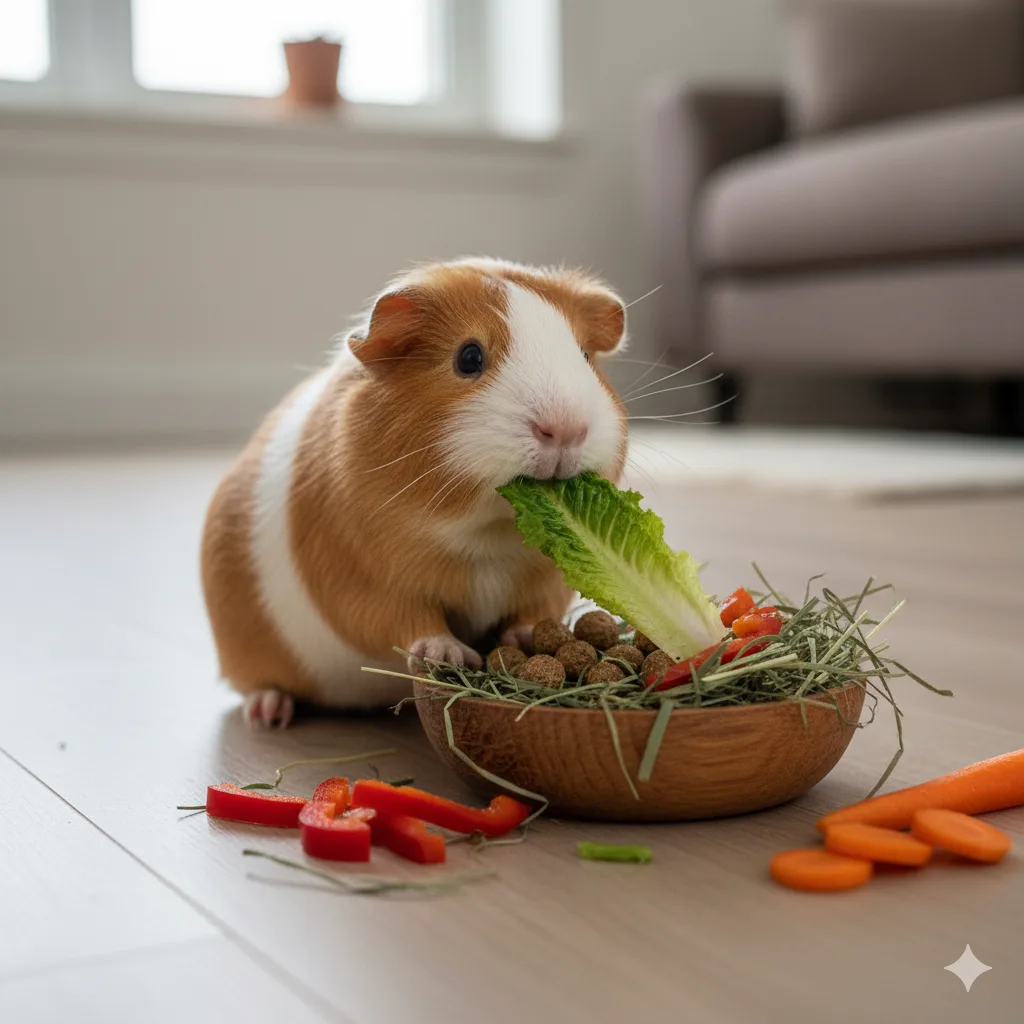 Guinea pig eating fresh vegetables