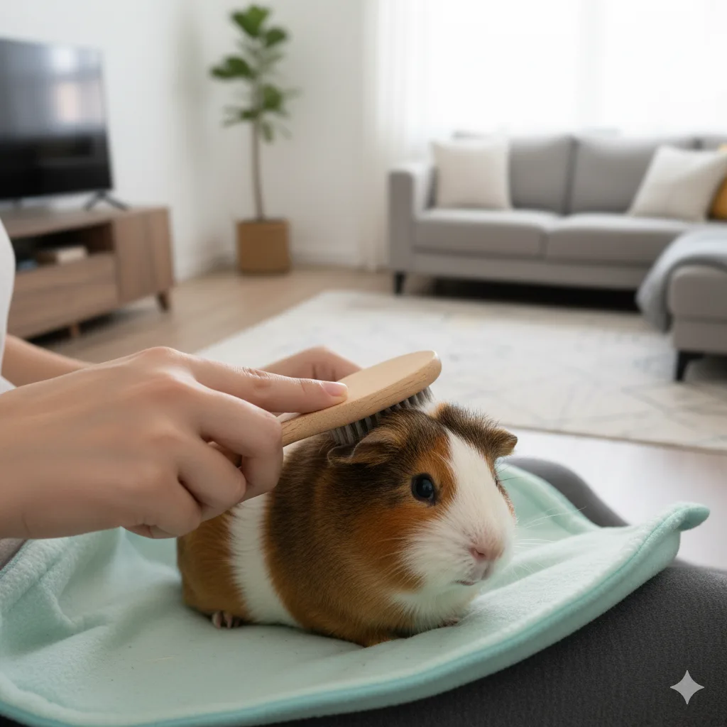 Owner gently brushing a guinea pig’s