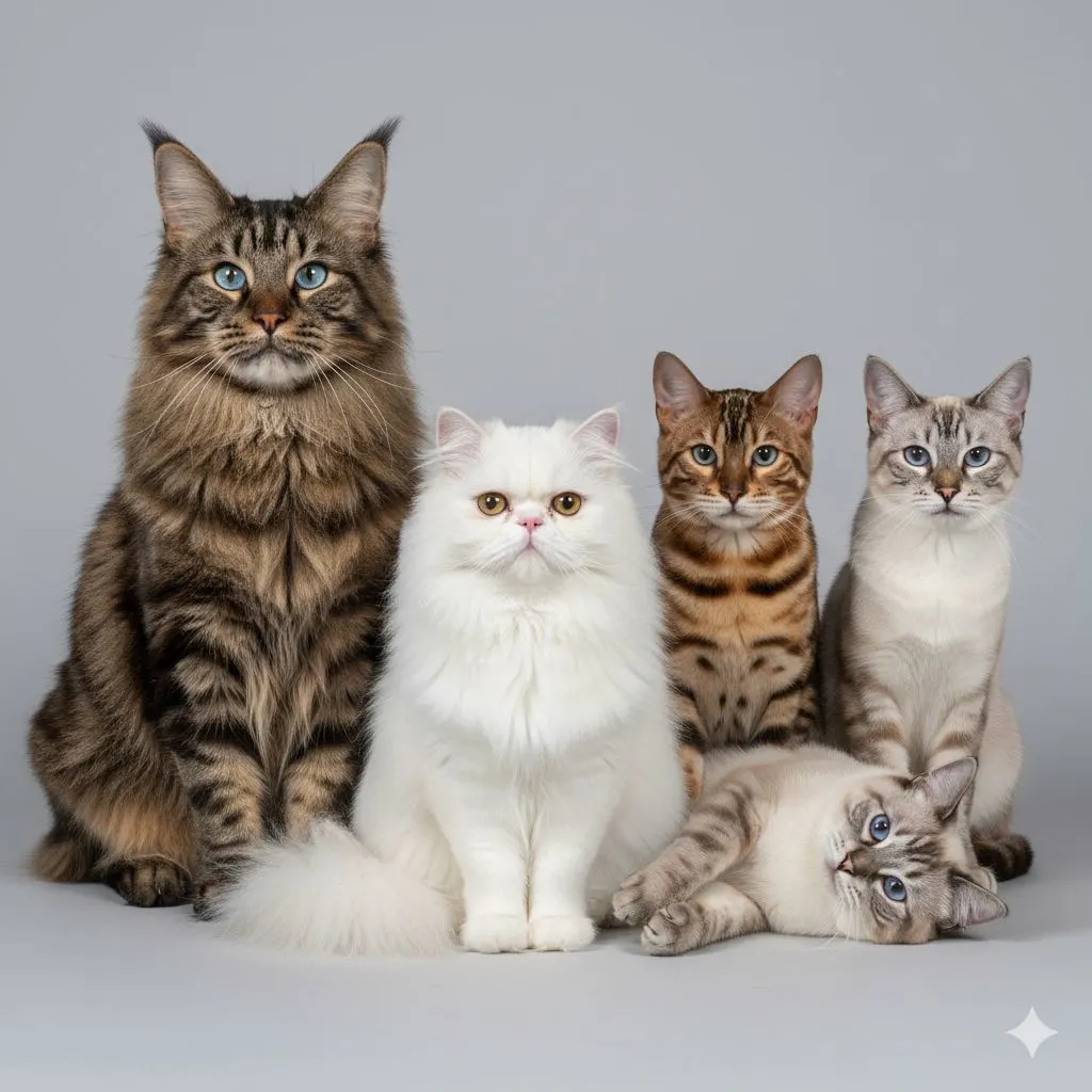 Persian, Maine Coon, Ragdoll, Bengal, Siamese