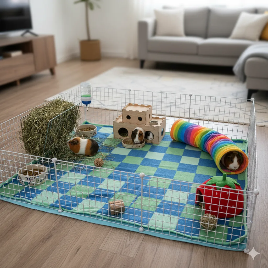 Spacious guinea pig cage with fleece bedding