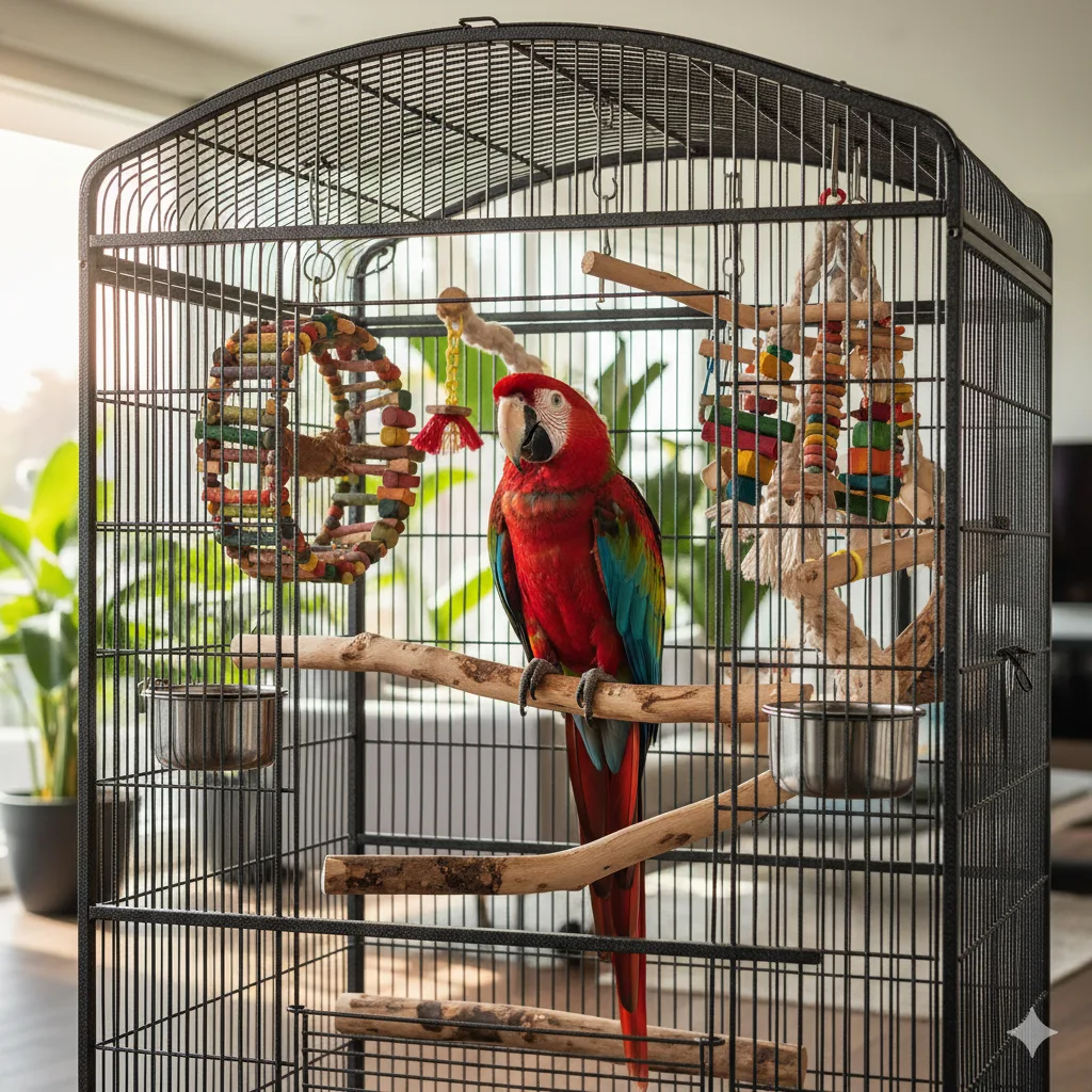 Spacious parrot cage with natural wood perches