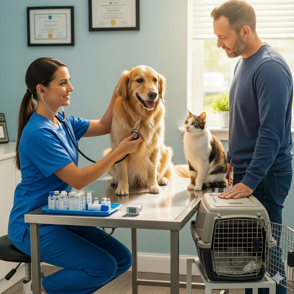 Veterinarian examining a pet during a routine health checkup