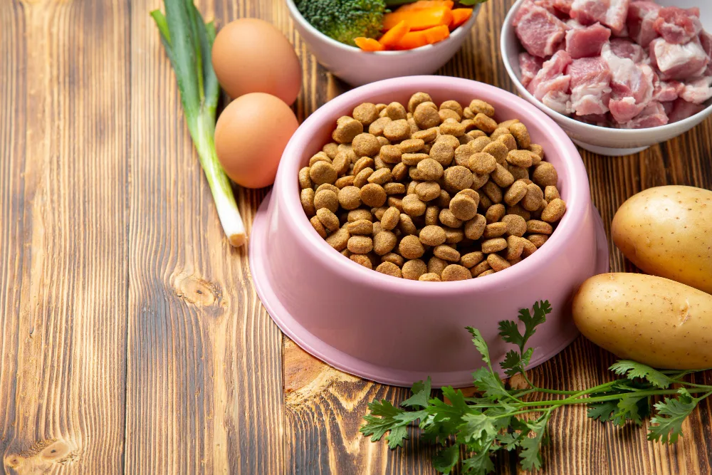 homemade dog food recipe with ground beef brown rice carrots and eggs in a bowl