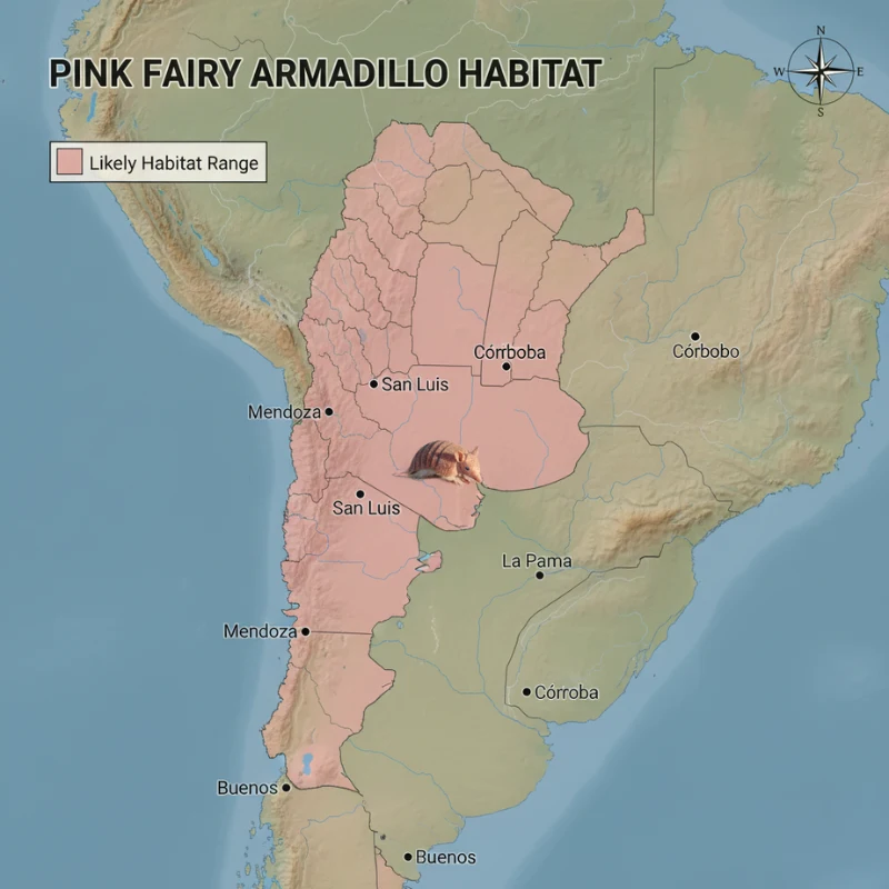 Map showing Pink Fairy Armadillo habitat regions in central Argentina