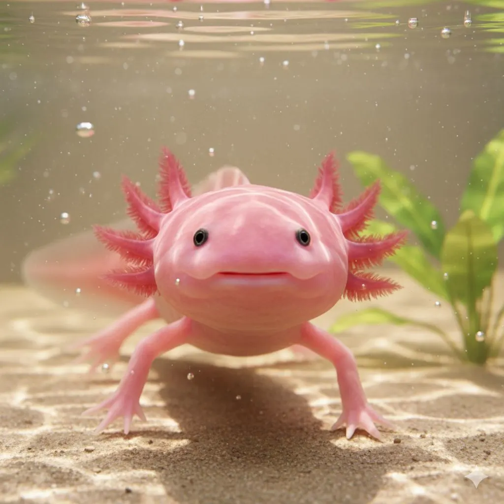 Axolotl underwater showing its frilly gills
