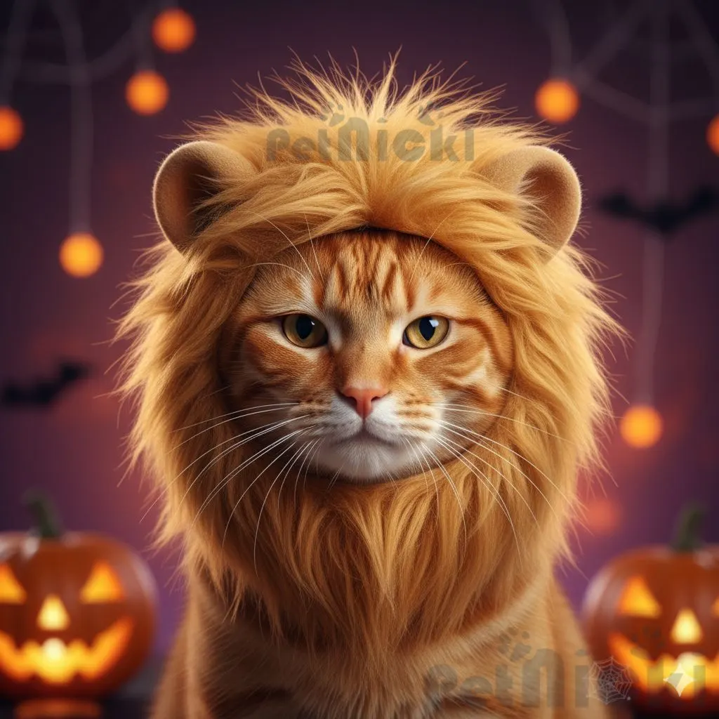 Cat wearing lion mane wig for Halloween costume