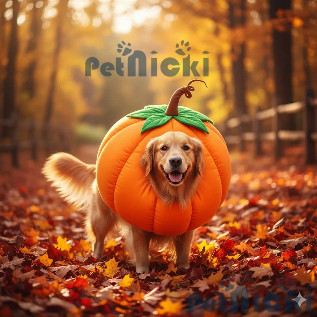 Cute dog dressed in an orange pumpkin