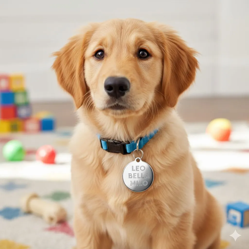 Cute puppy sitting with name tag