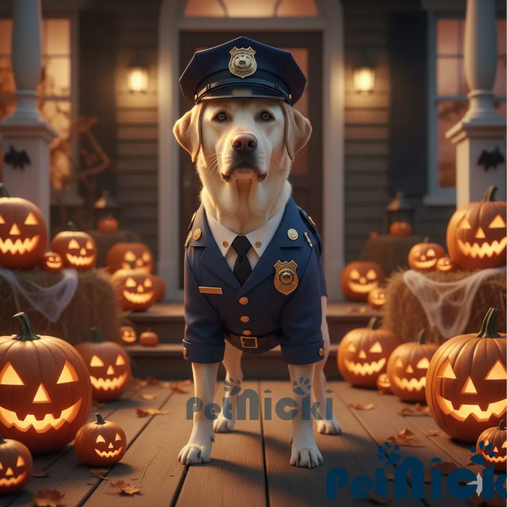 Dog dressed in a blue police officer Halloween costume