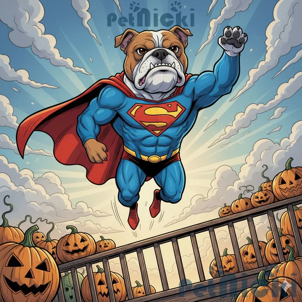 Dog in Superman Halloween costume with cape flying in wind
