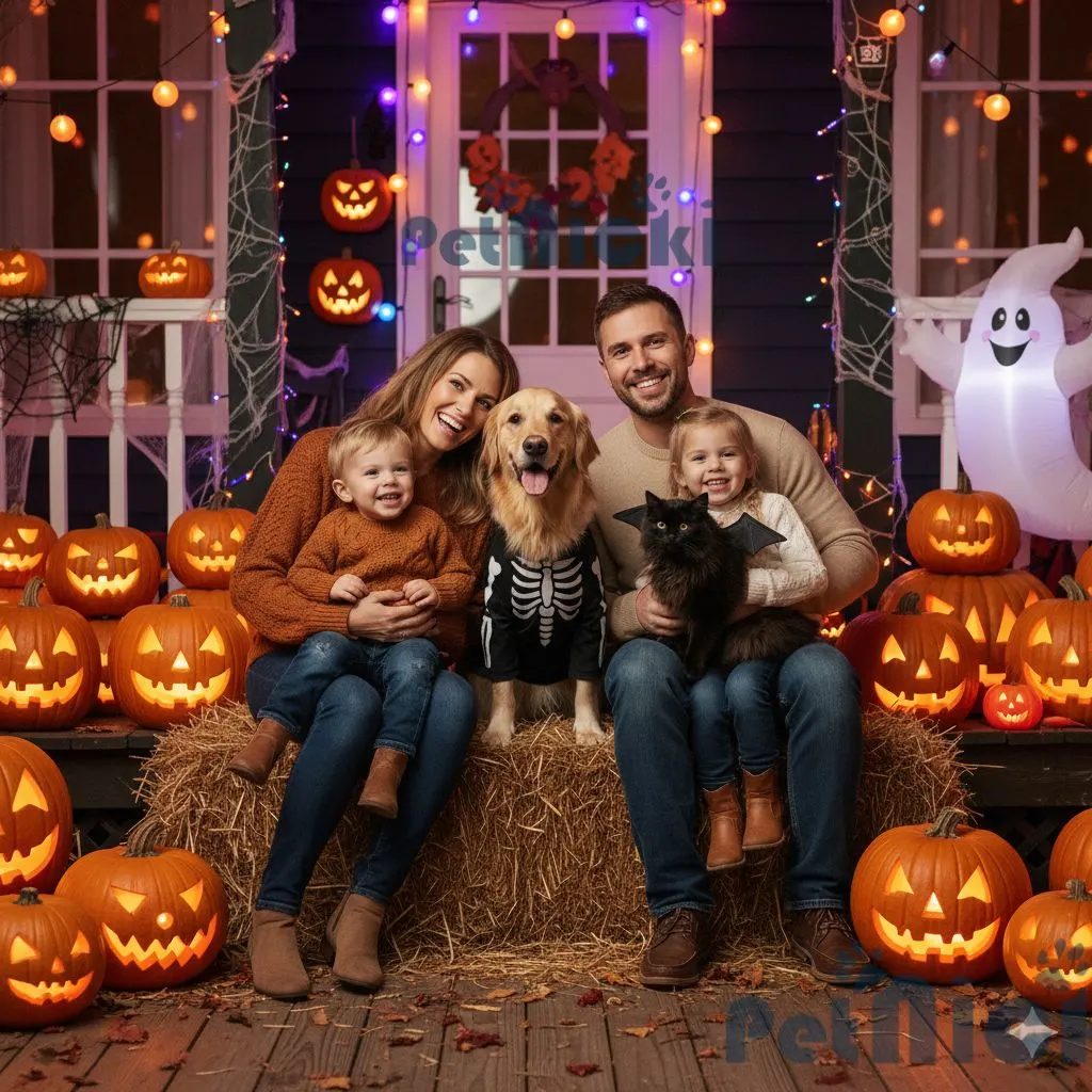 Happy family with dog and cat in Halloween costumes