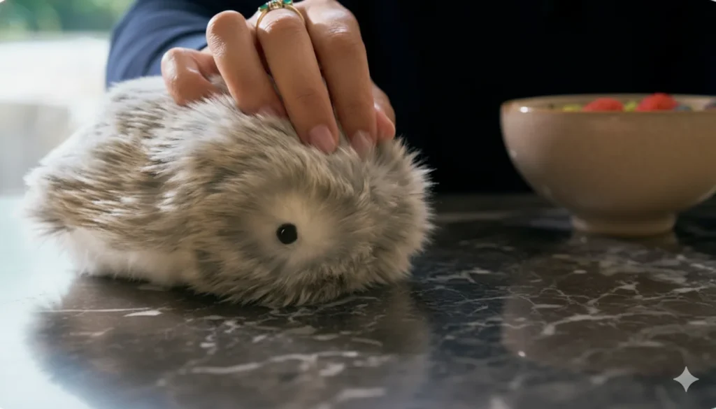 Close-up of Moflin Pet robot showing its soft fur and lifelike design.