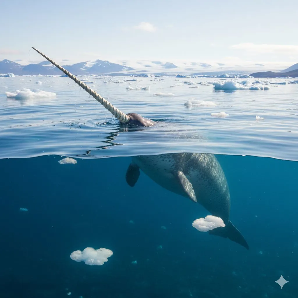 Narwhal with long spiral tusk swimming in icy