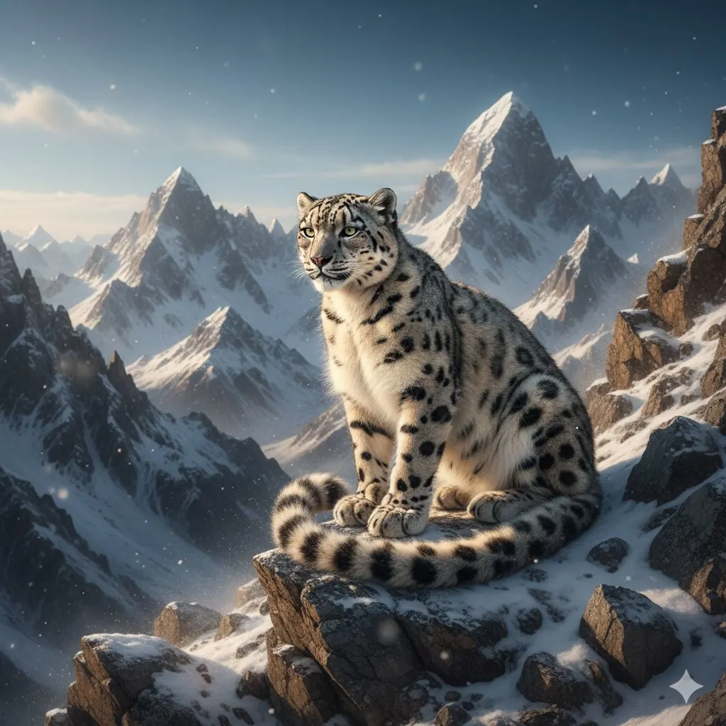 Snow leopard standing on snowy