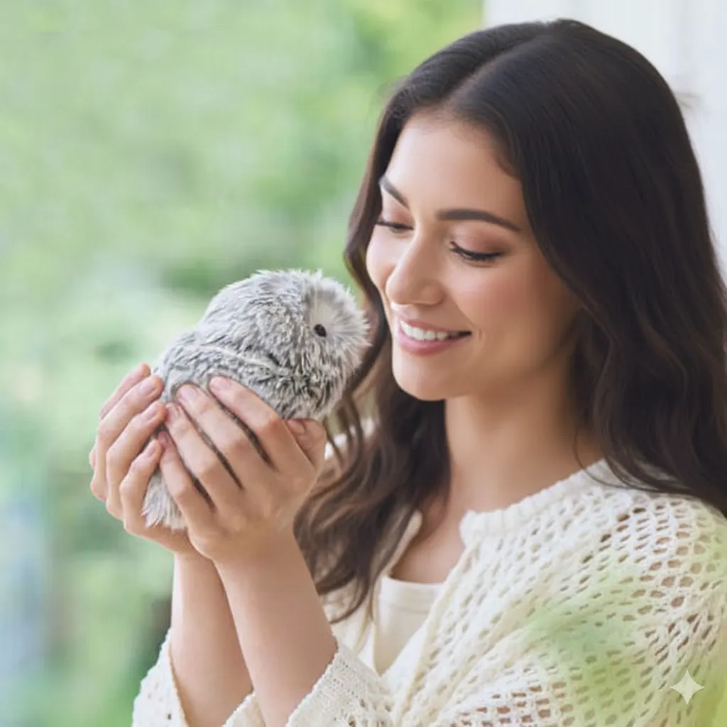 Person holding Moflin Pet robot in hands near its charging nest.