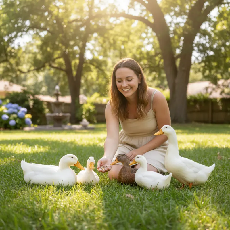 happy owner feeding pet ducks