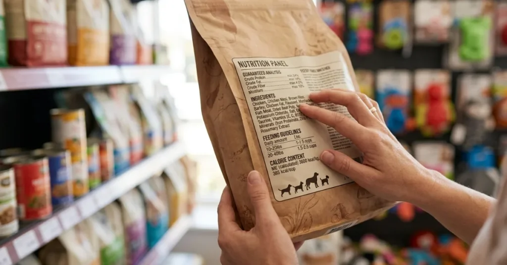 Person reading a pet food label in a grocery store