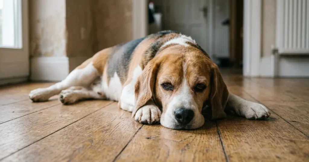 Sick dog lying down on a vet clinic floor looking tired