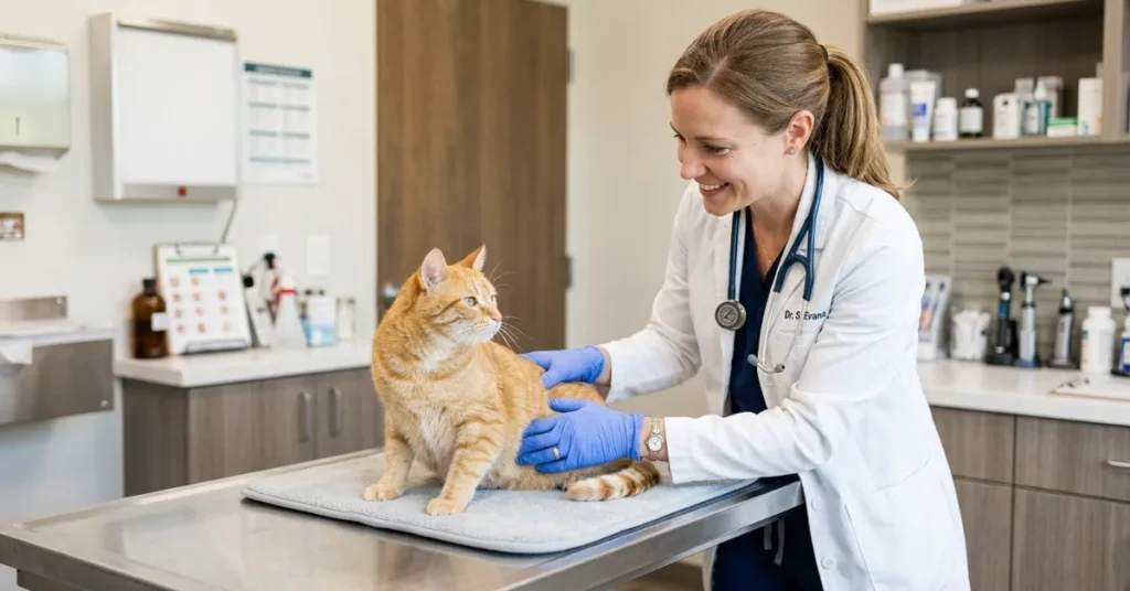 Veterinarian examining a cat on a clinic table