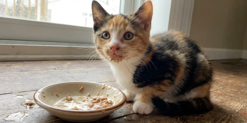 Kitten eating nutritious food from bowl showing proper feeding techniques for young cats