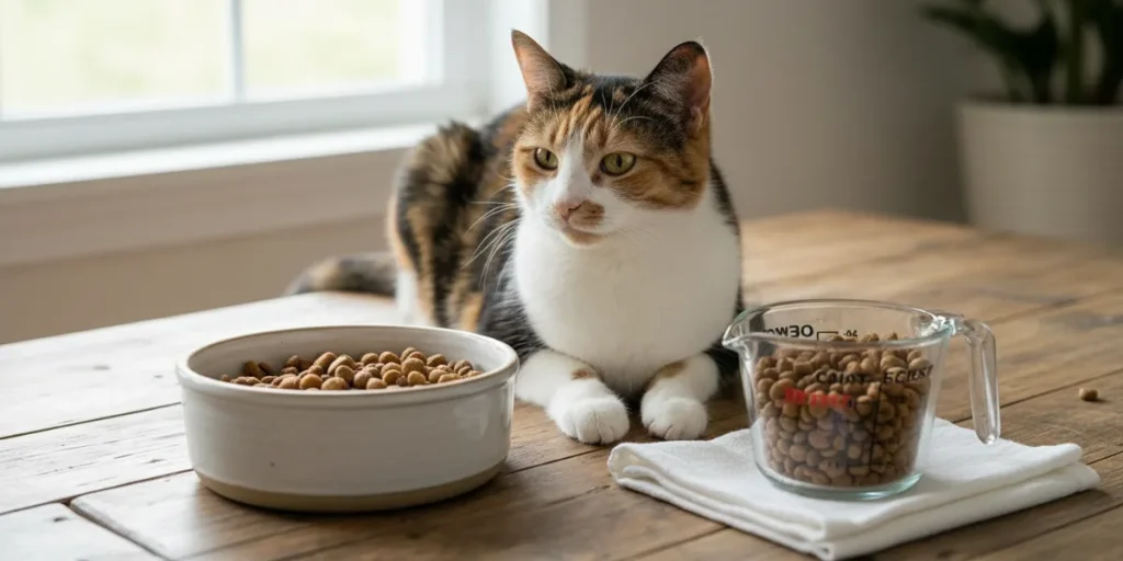Adult cat with portion controlled meal showing proper feeding amounts for healthy weight