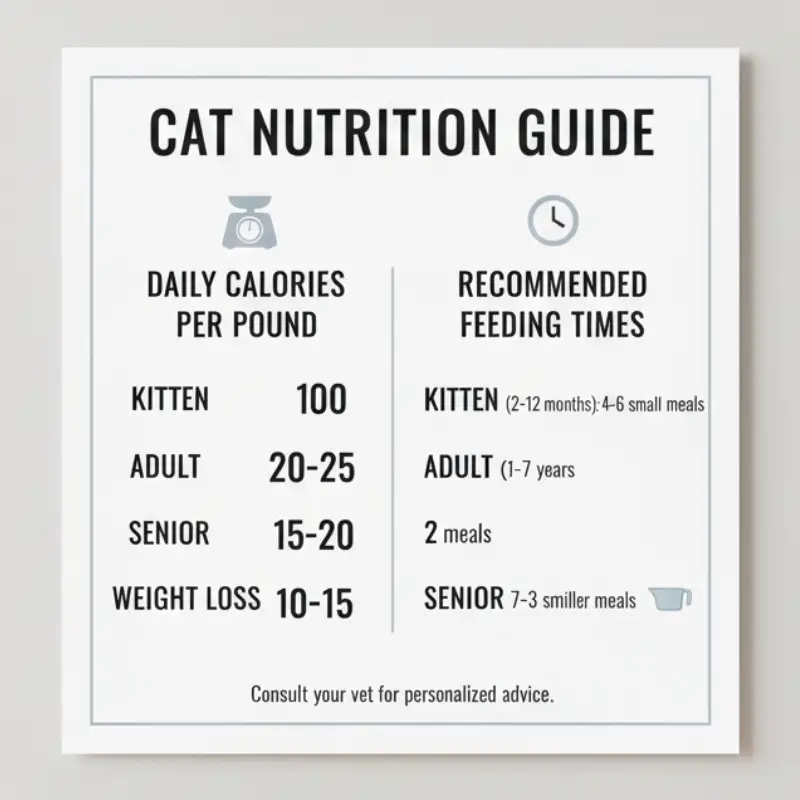 Cat feeding chart by age showing daily calorie requirements and meal frequencies for all life stages