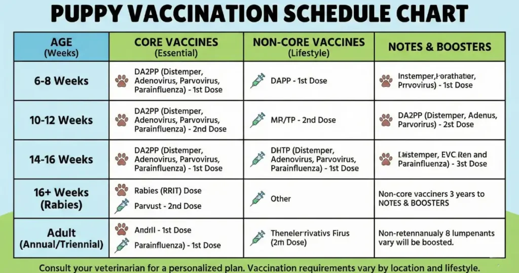 Dog vaccination schedule chart showing puppy immunization timeline from 6 to 16 weeks