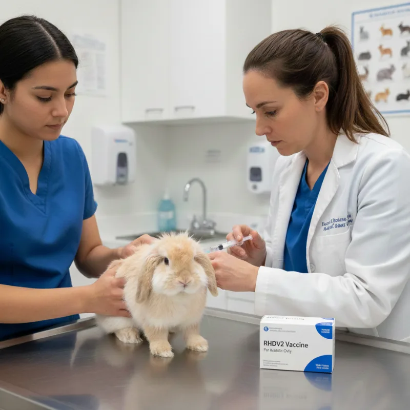 Rabbit vaccination for RHDV2 virus - veterinarian administering vaccine to domestic bunny