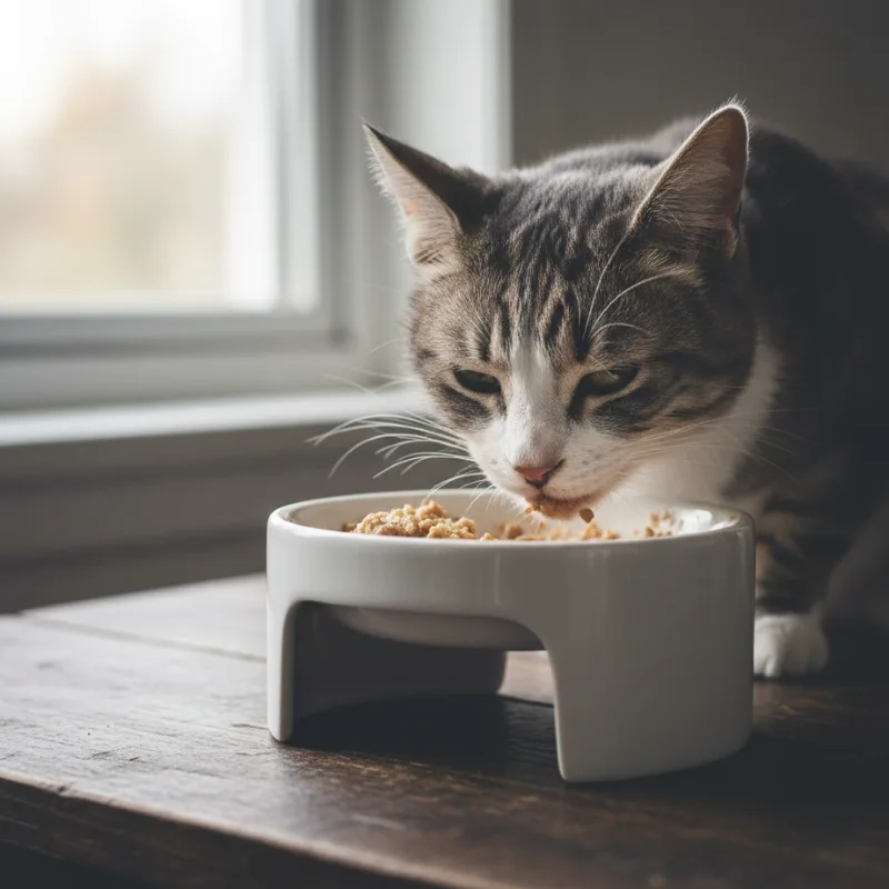 Senior cat eating easily digestible food formulated for older feline nutrition needs