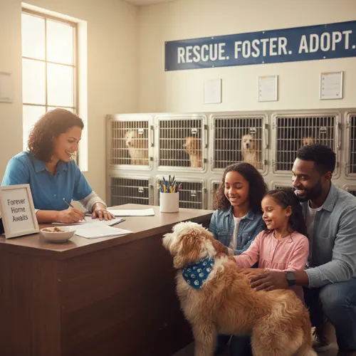 Family adopting mixed breed dog from shelter showing adoption process and rescue connection
