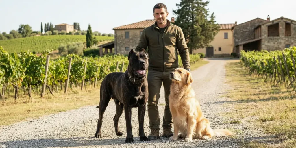 Cane Corso size comparison showing height and weight next to adult owner