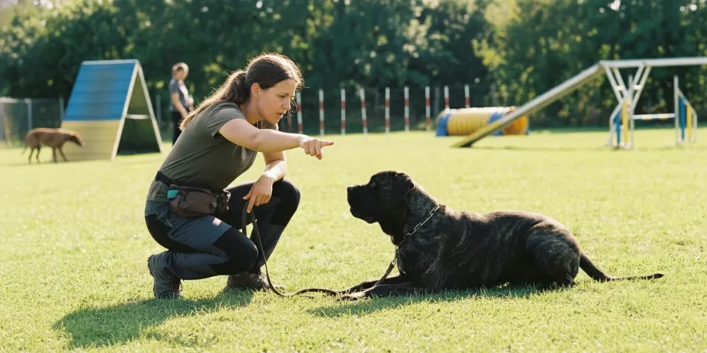 Cane Corso dog training session showing obedience work and handler control