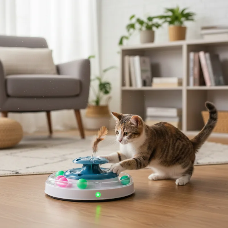 Cat playing with interactive feather toy for exercise and weight management