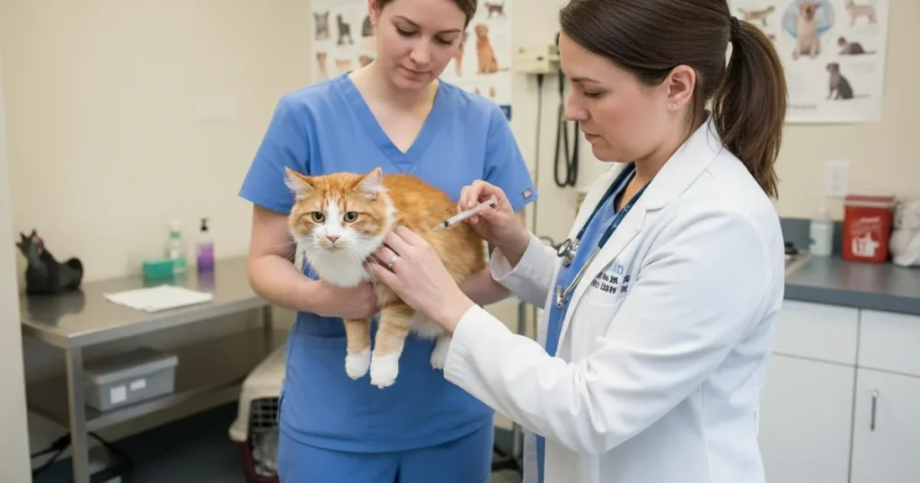 Cat vaccination schedule guide - kitten receiving FVRCP vaccine at veterinary clinic
