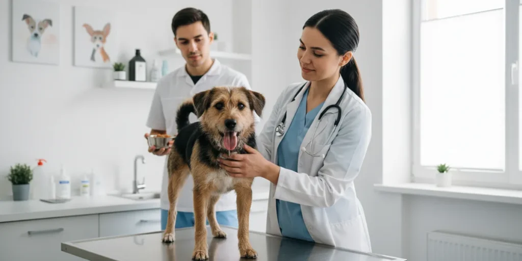 Veterinarian examining mixed breed dog showing health advantages and wellness care