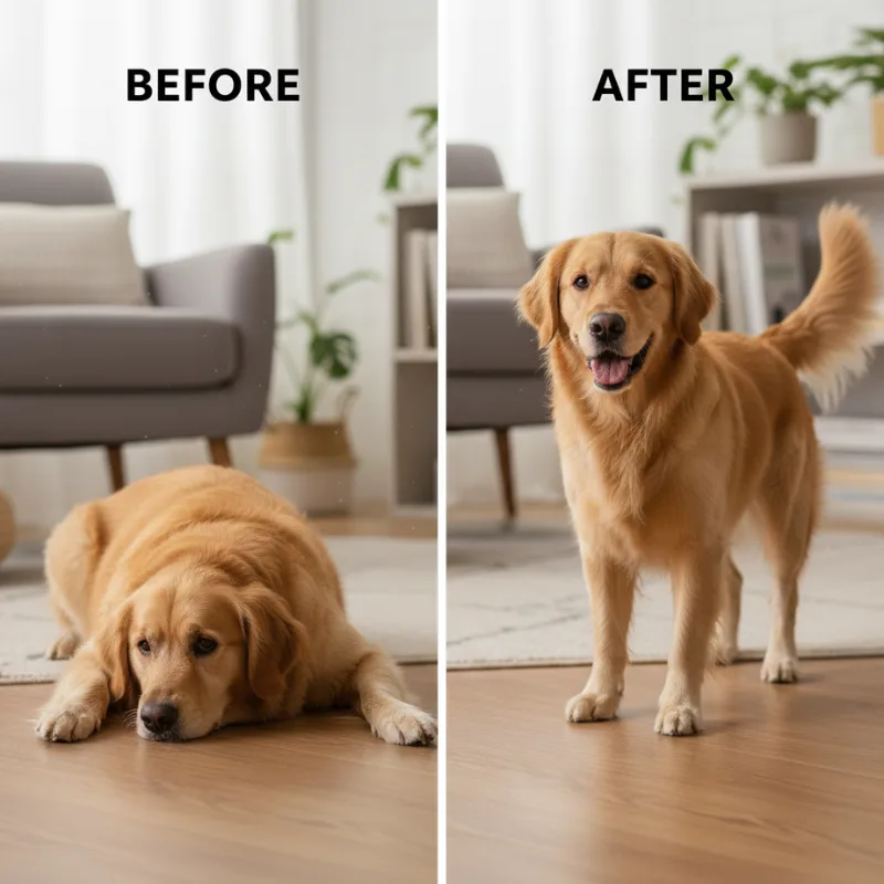 Pet weight loss transformation showing before and after results of successful weight management program