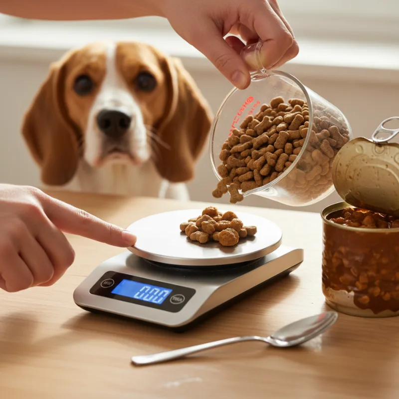 Measuring pet food portions accurately with digital kitchen scale for weight management diet