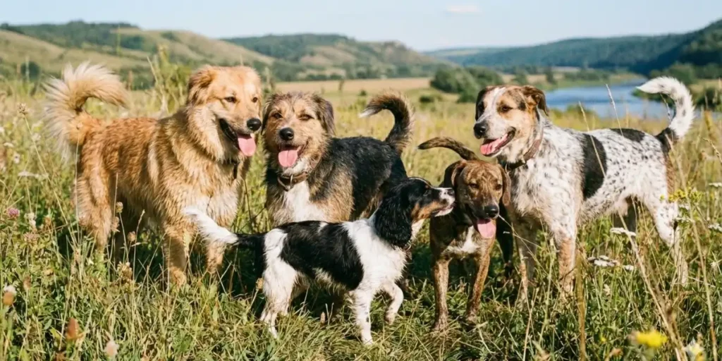 Group of mixed breed dogs showing genetic diversity and variety in mutt appearances