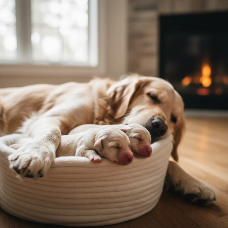 Newborn puppies in first week of life nursing with mother during neonatal stage